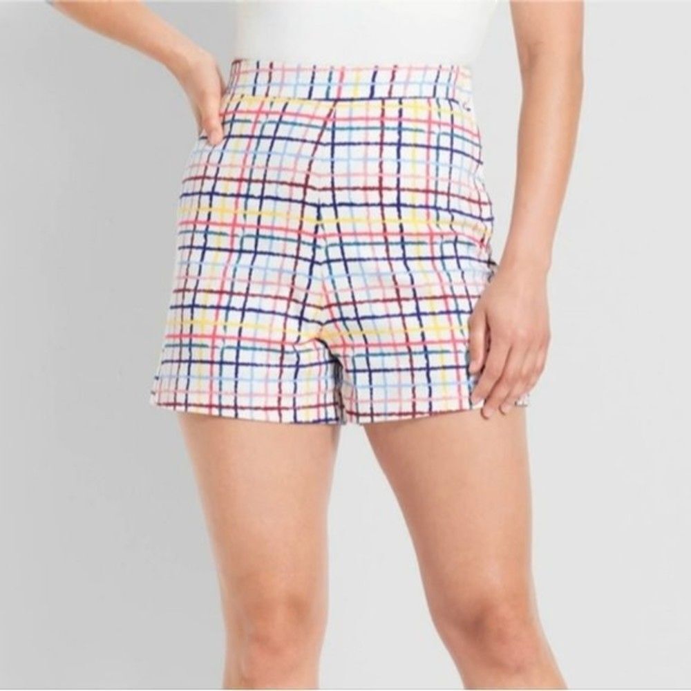 NWT‎ Modcloth Collectif shorts rainbow gingham plaid high rise waist 6 S